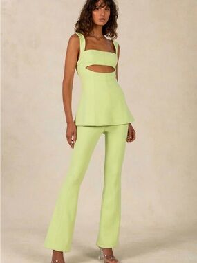 Cutout Peplum Top & Flared Pants Set - Lime